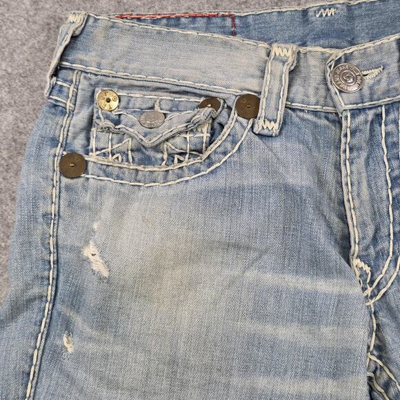 True Religion Jeans Men 33 Light Wash Joey Super T Bootcut Distress Thick Stitch - Picture 6 of 16